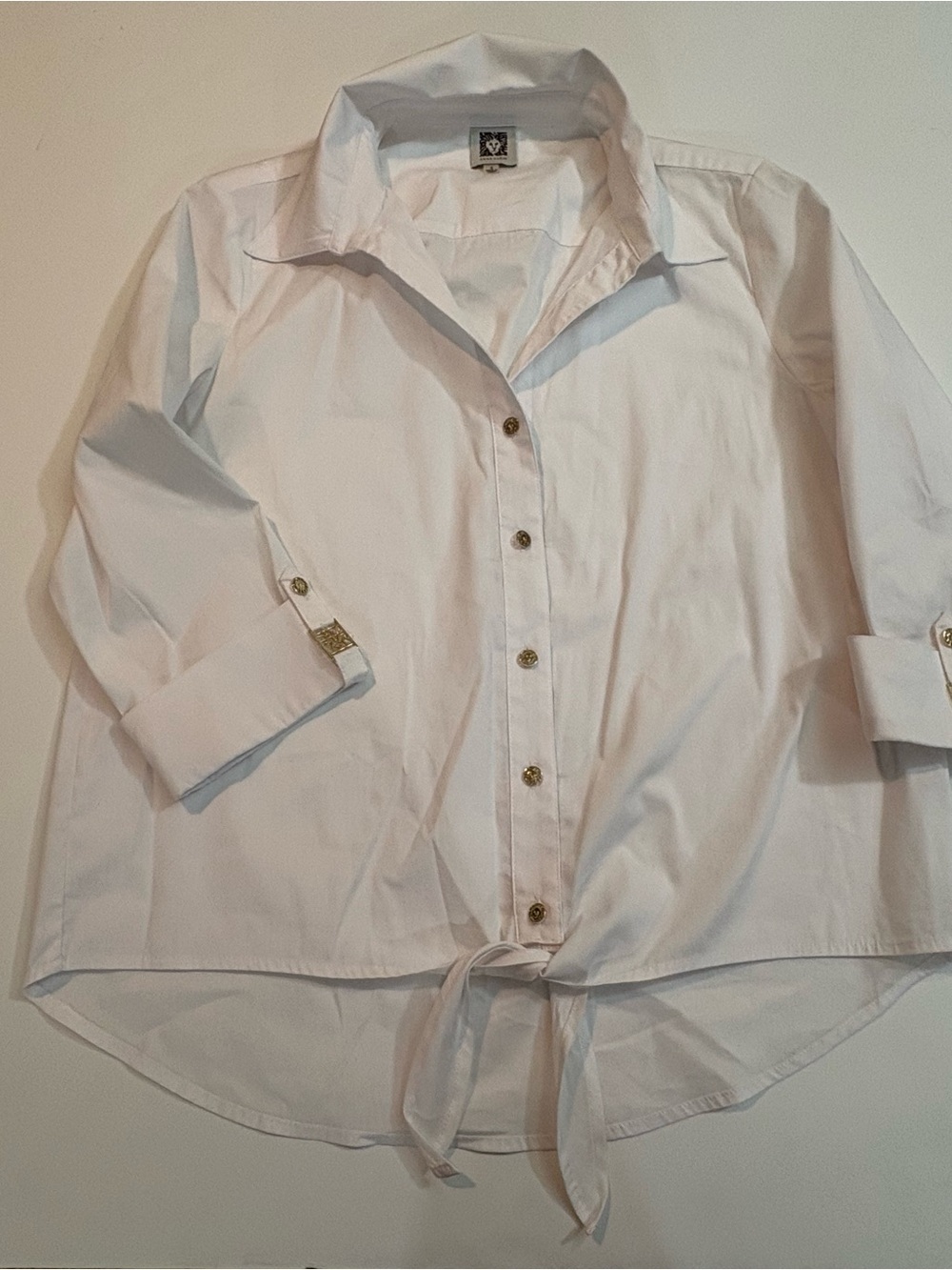 Anne Klein Designer White Button-Down Shirt with Tie Hem Size Small